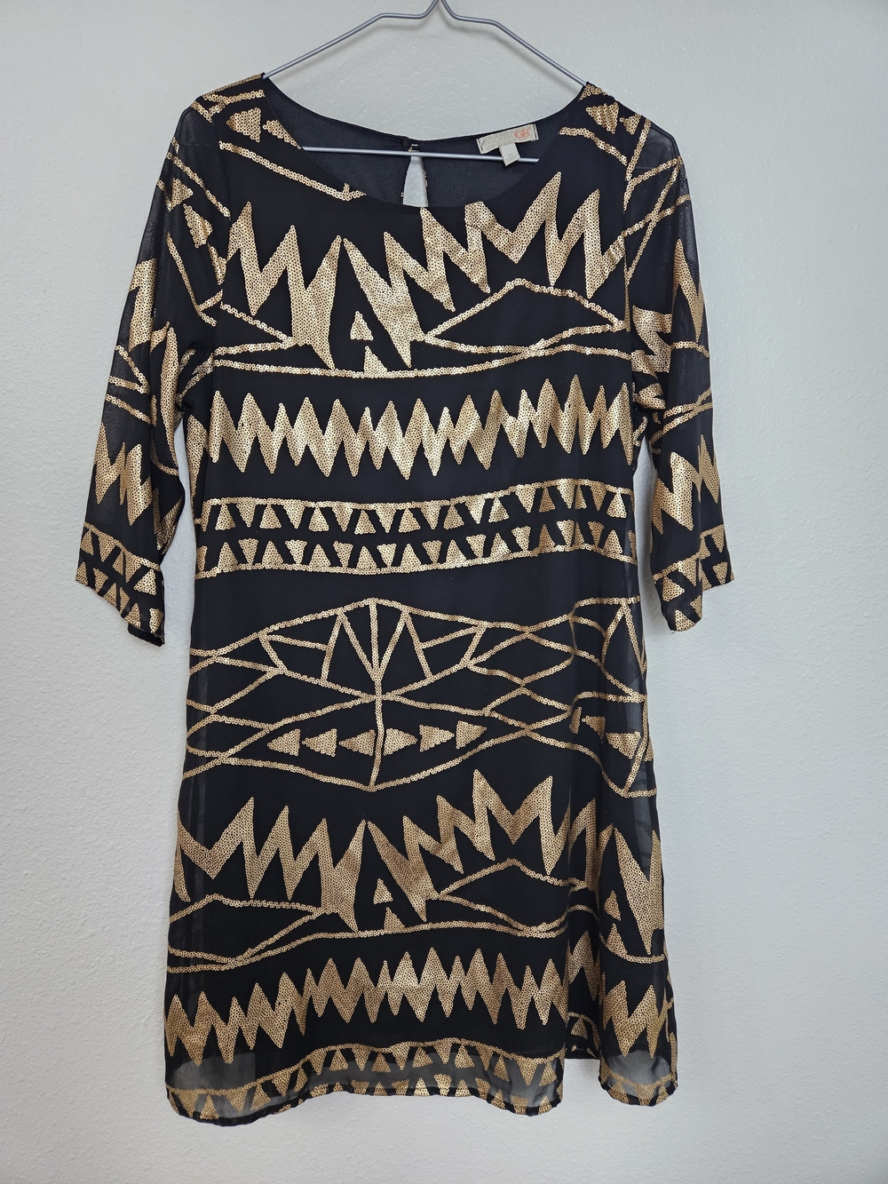 Gianni Bini Black Dress with Gold Geometric Pattern Size M